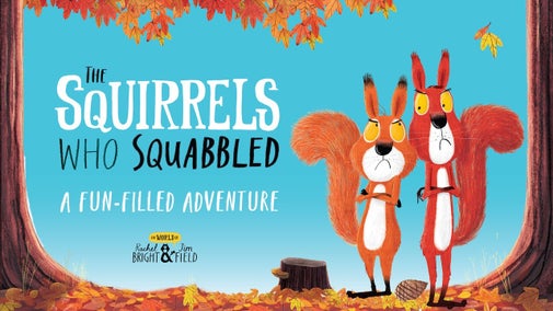 A  graphic of two squirrels standing between two trees looking grumpilly at each other with a single acorn between their feet.
